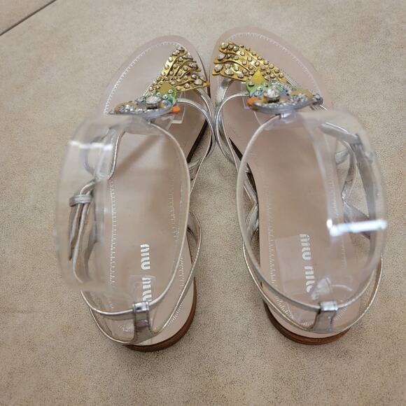 Miu Miu Crystal Parrot Metallic Sandals Silver Gold Embellished Flats 39.5 9.5 - Picture 10 of 12